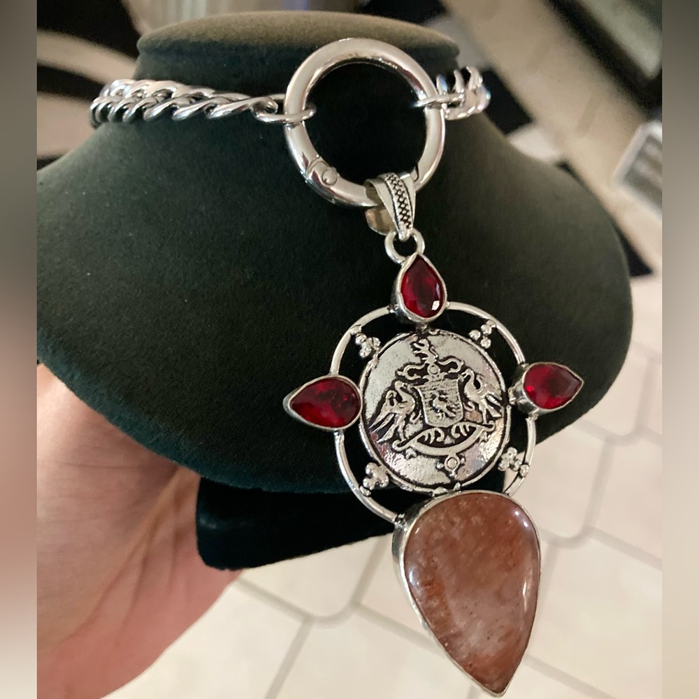 925 Sterling silver overlay orange brown agate & red garnet stones boho necklace - Picture 2 of 15
